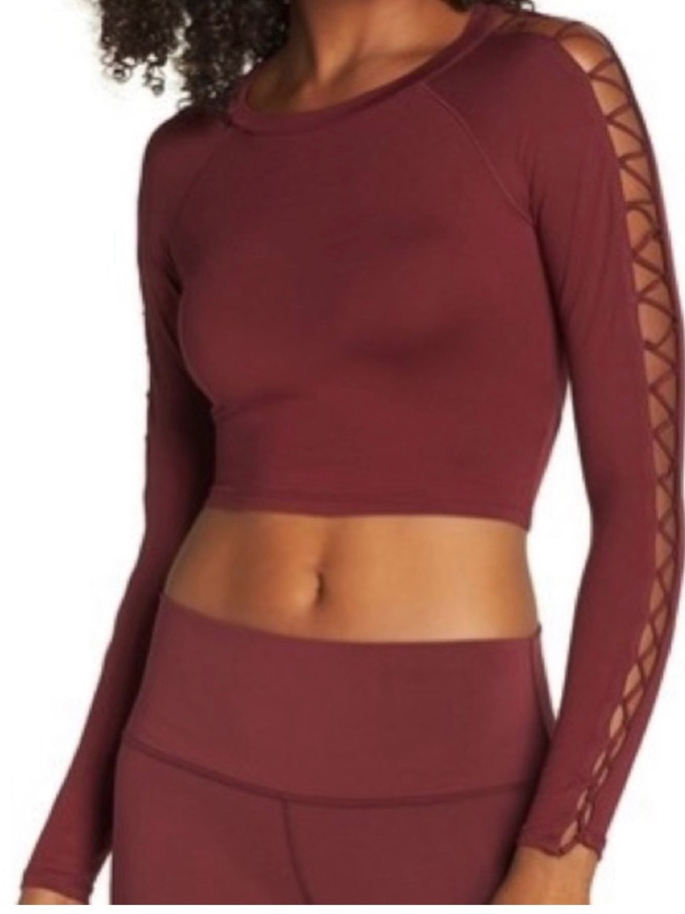 ALO High Line lattice Long-Sleeve Crop Top in Black Cherry size Medium